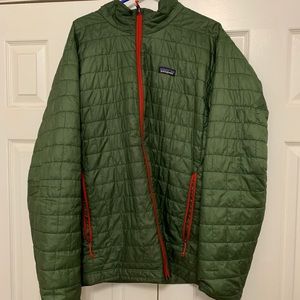 Patagonia green puffer jacket.